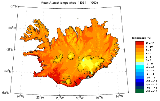 Meðalhiti í ágúst 1961-1990