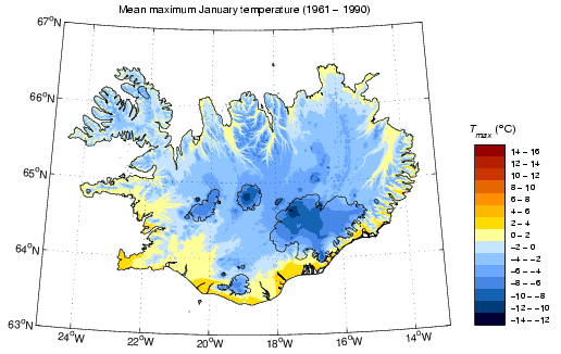 Meðalhámarkshiti í janúar 1961-1990 