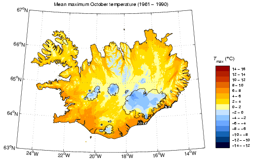 Meðalhámarkshiti í október 1961-1990