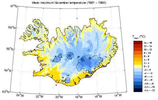 Meðalhámarkshiti í nóvember 1961-1990