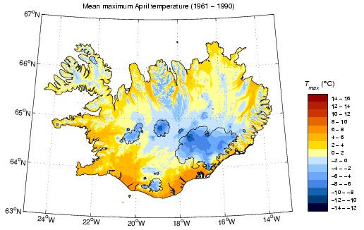 Meðalhámarkshiti í apríl 1961-1990