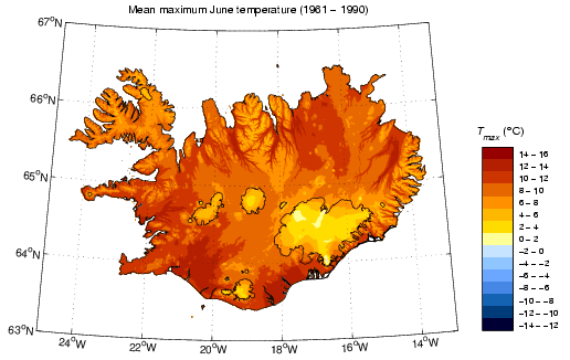 Meðalhámarkshiti í júní 1961-1990