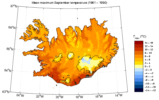 Meðalhámarkshiti í september 1961-1990