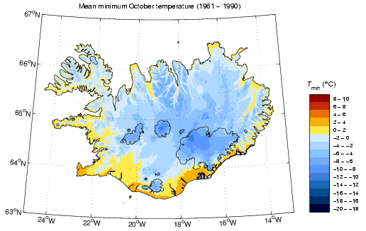 Meðallágmarkshiti í október 1961-1990