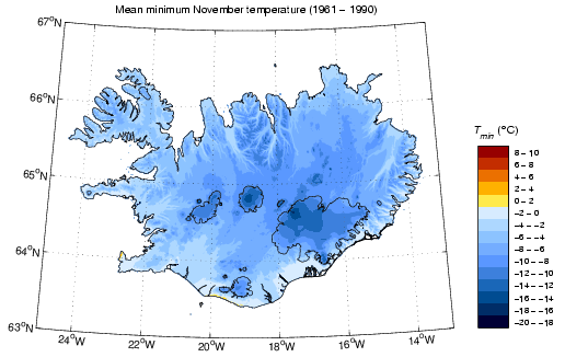 Meðallágmarkshiti í nóvember 1961-1990