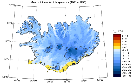 Meðallágmarkshiti í apríl 1961-1990