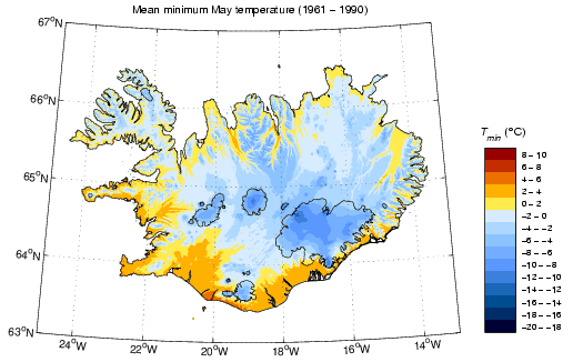 Meðallágmarkshiti í maí 1961-1990