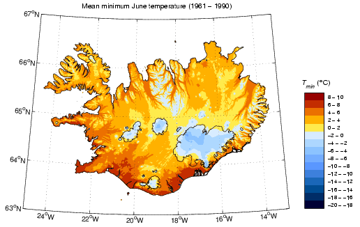 Meðallágmarkshiti í júní 1961-1990