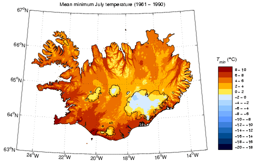 Meðallágmarkshiti í júlí 1961-1990