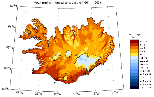 Meðallágmarkshiti í ágúst 1961-1990