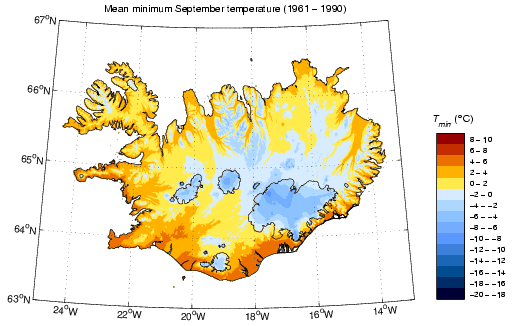 Meðallágmarkshiti í september 1961-1990