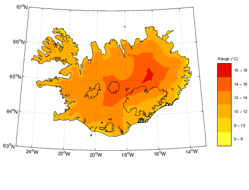 Útslag árstíðarsveiflu samkvæmt útgáfu sem notar fjarlægð til strandar