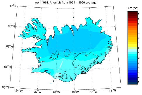 Frávik frá meðalhita í apríl 1961 