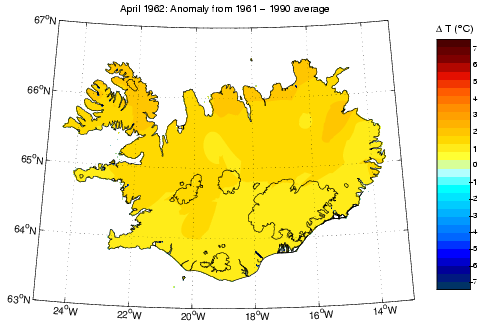 Frávik frá meðalhita í apríl 1962 