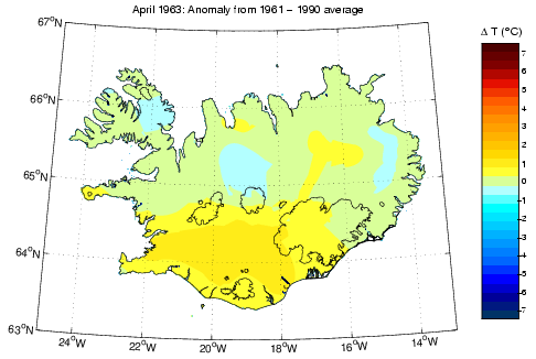 Frávik frá meðalhita í apríl 1963 