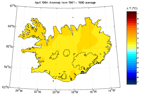 Frávik frá meðalhita í apríl 1964 