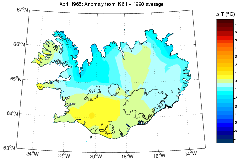 Frávik frá meðalhita í apríl 1965 