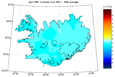 Frávik frá meðalhita í apríl 1967 