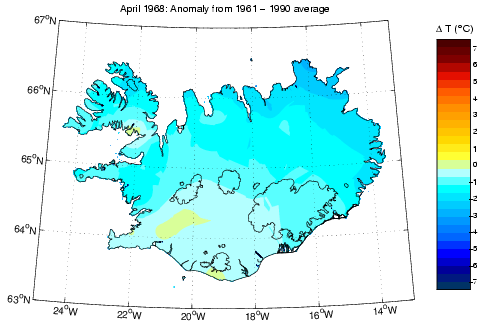 Frávik frá meðalhita í apríl 1968 