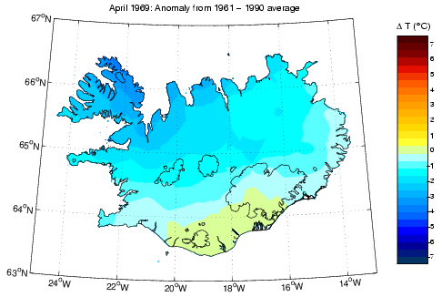 Frávik frá meðalhita í apríl 1969 