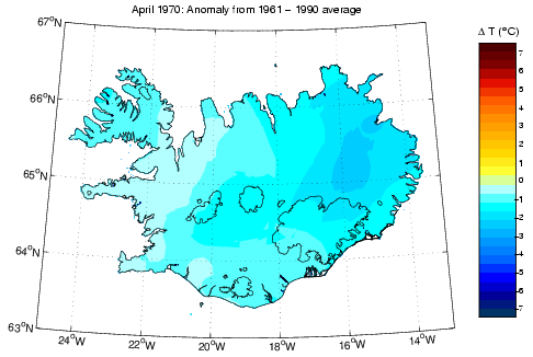 Frávik frá meðalhita í apríl 1970 