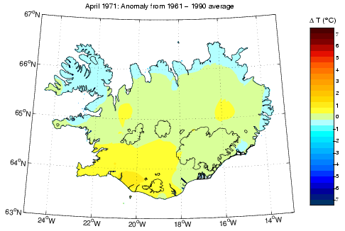 Frávik frá meðalhita í apríl 1971 