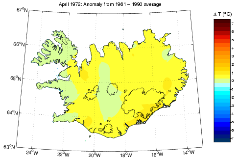 Frávik frá meðalhita í apríl 1972 