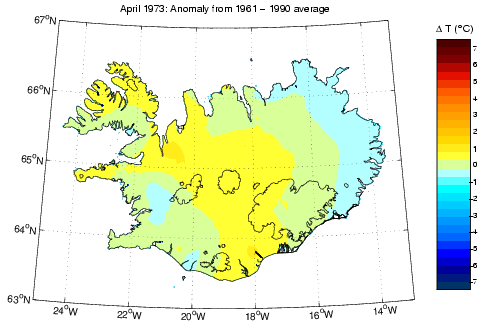 Frávik frá meðalhita í apríl 1973 