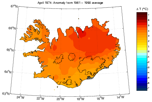 Frávik frá meðalhita í apríl 1974 