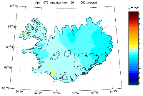 Frávik frá meðalhita í apríl 1975 