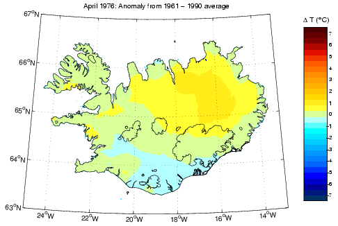 Frávik frá meðalhita í apríl 1976 