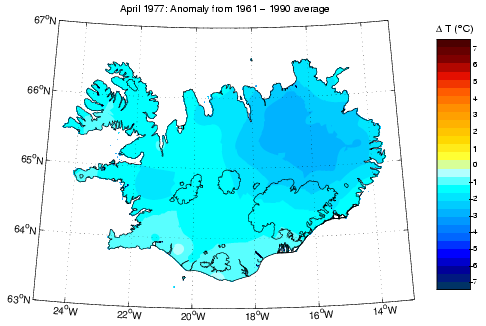 Frávik frá meðalhita í apríl 1977 