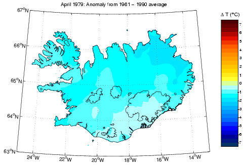 Frávik frá meðalhita í apríl 1979 