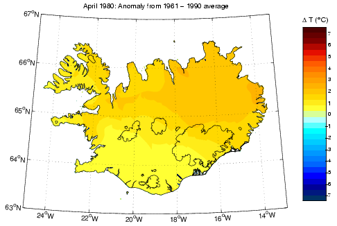 Frávik frá meðalhita í apríl 1980 