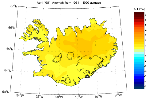 Frávik frá meðalhita í apríl 1981 