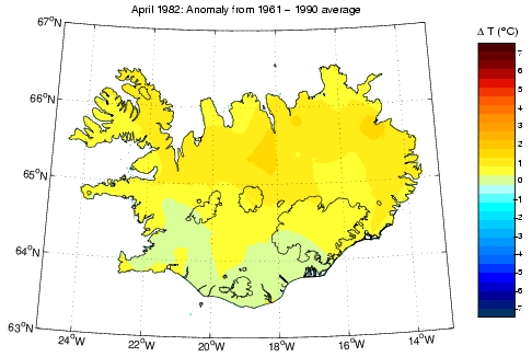 Frávik frá meðalhita í apríl 1982 