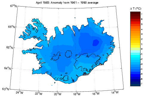 Frávik frá meðalhita í apríl 1983 