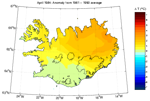 Frávik frá meðalhita í apríl 1984 