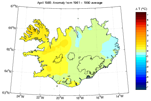 Frávik frá meðalhita í apríl 1985 