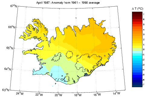 Frávik frá meðalhita í apríl 1987 