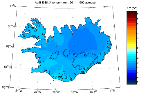 Frávik frá meðalhita í apríl 1988 