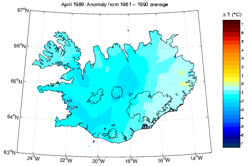 Frávik frá meðalhita í apríl 1989 