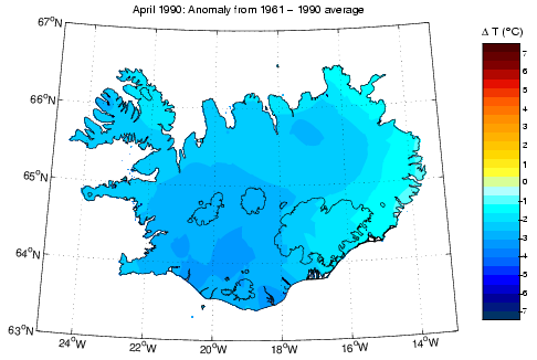 Frávik frá meðalhita í apríl 1990 