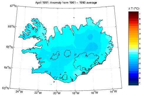 Frávik frá meðalhita í apríl 1991 