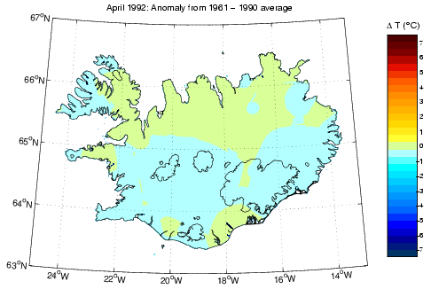 Frávik frá meðalhita í apríl 1992 