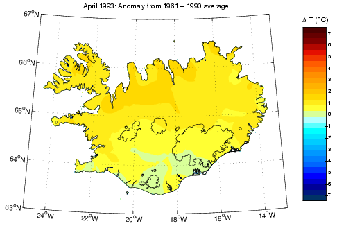 Frávik frá meðalhita í apríl 1993 