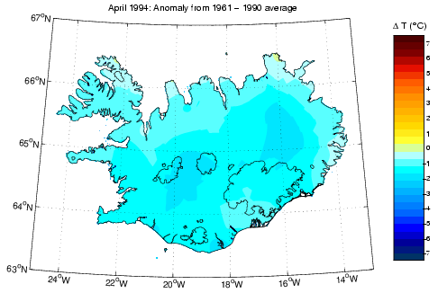 Frávik frá meðalhita í apríl 1994 