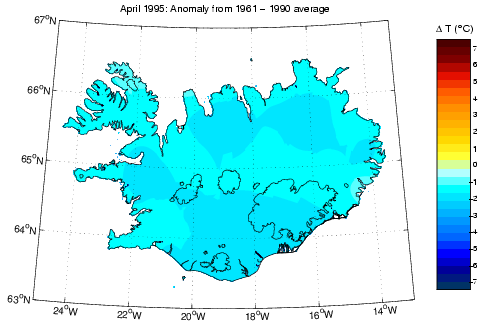 Frávik frá meðalhita í apríl 1995 