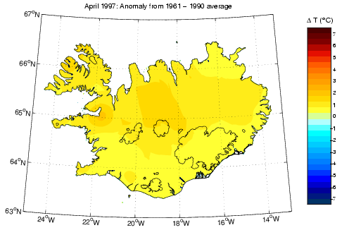 Frávik frá meðalhita í apríl 1997 