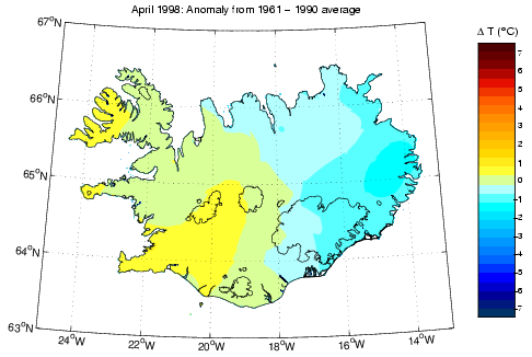 Frávik frá meðalhita í apríl 1998 